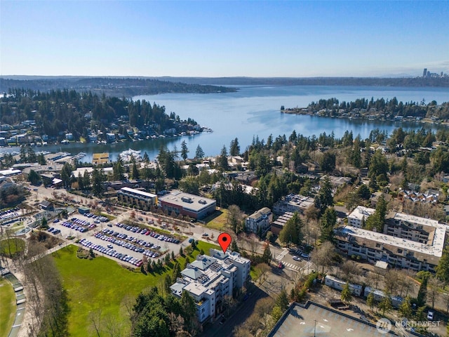 birds eye view of property featuring a water view