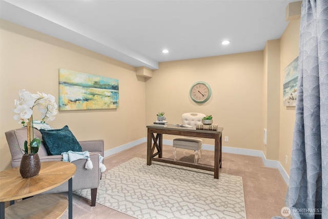 office area featuring recessed lighting, baseboards, and light colored carpet