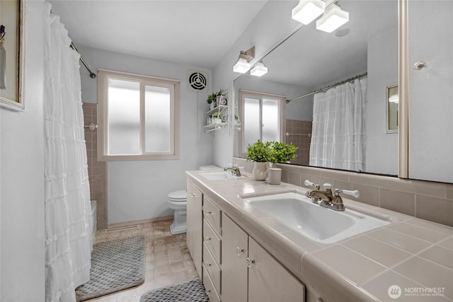 full bath featuring toilet, tasteful backsplash, double vanity, and a sink