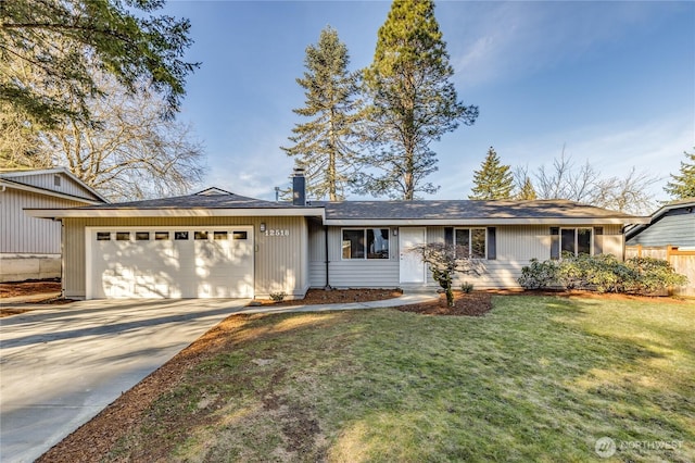 single story home with a garage, concrete driveway, and a front lawn