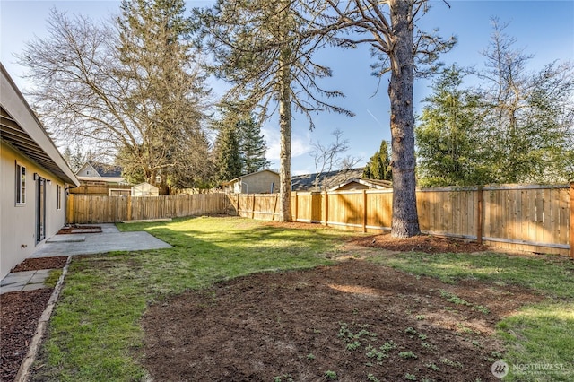 view of yard featuring a patio area and a fenced backyard