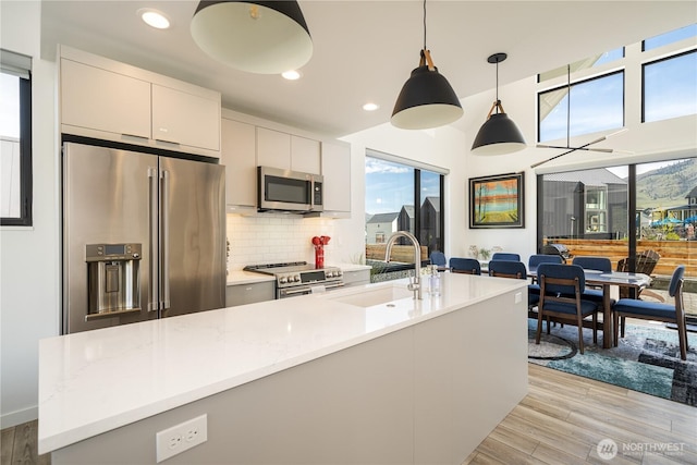 kitchen featuring stainless steel appliances, decorative backsplash, a sink, and light wood-style floors