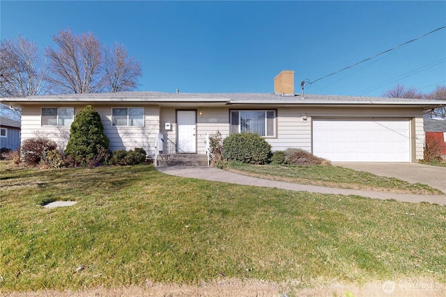 single story home with a garage, driveway, a chimney, and a front yard