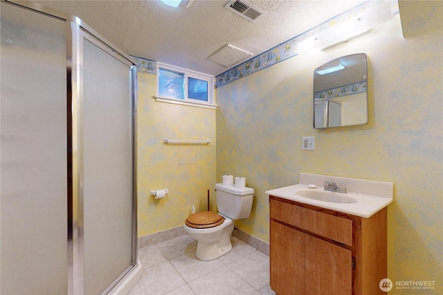 515 SE 5th St, College Place, WA 99324 - bathroom with a stall shower, visible vents, toilet, tile patterned flooring, and a textured ceiling
