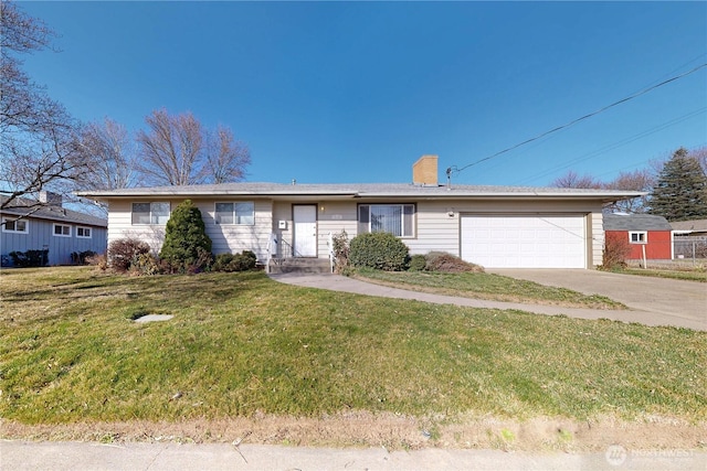 515 SE 5th St, College Place, WA 99324 - ranch-style house with a front lawn, driveway, a chimney, and an attached garage