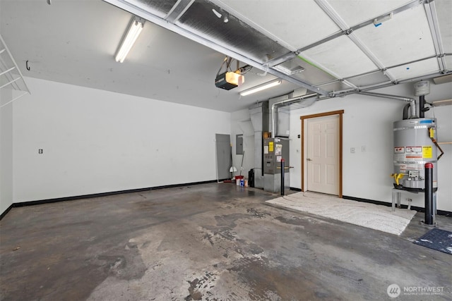 garage featuring electric panel, water heater, baseboards, and a garage door opener