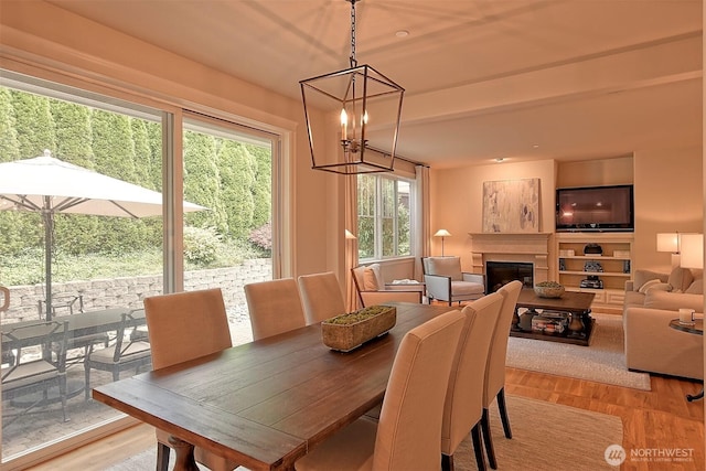 dining room featuring light wood-style floors, an inviting chandelier, and a glass covered fireplace