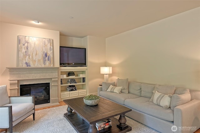 living room with a glass covered fireplace and wood finished floors