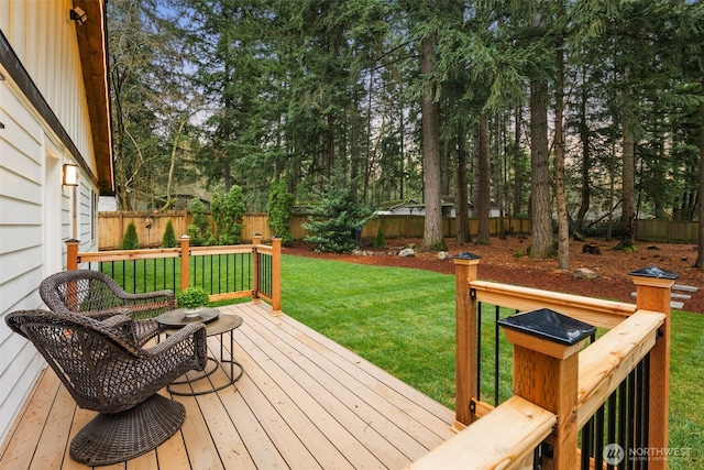 wooden deck with a lawn and a fenced backyard