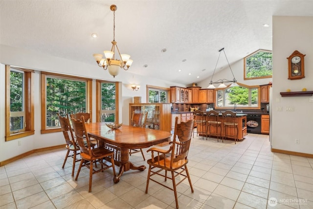 dining space featuring light tile patterned floors, a textured ceiling, a notable chandelier, baseboards, and vaulted ceiling