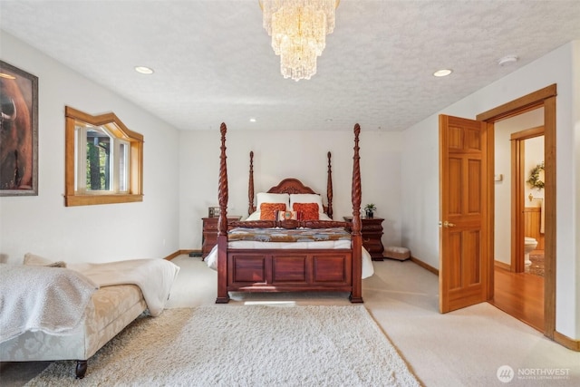 bedroom featuring light carpet, recessed lighting, and baseboards