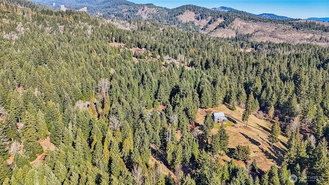 bird's eye view featuring a forest view and a mountain view