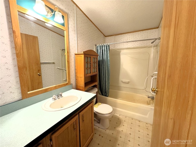full bath featuring vanity, tile patterned floors, shower / bath combo, and wallpapered walls