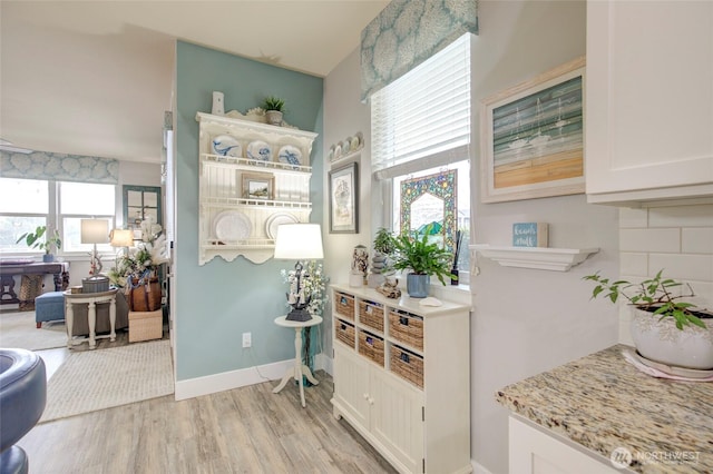 interior space with light wood-style flooring, baseboards, and a wealth of natural light