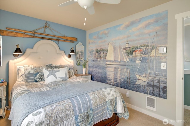 bedroom featuring carpet, visible vents, ceiling fan, and baseboards