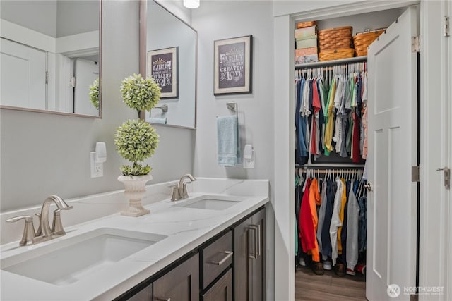 full bath featuring a walk in closet, a sink, and wood finished floors