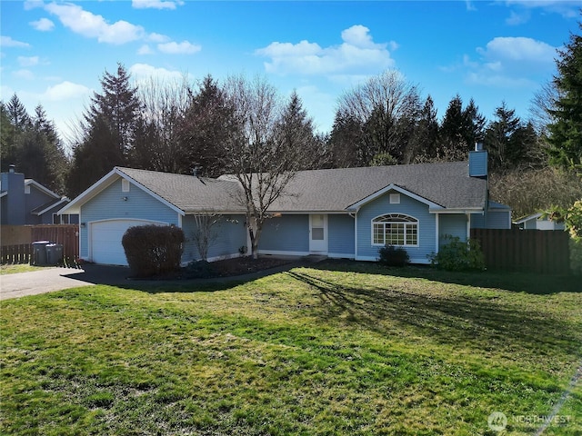 ranch-style house featuring a garage, driveway, a chimney, fence, and a front yard