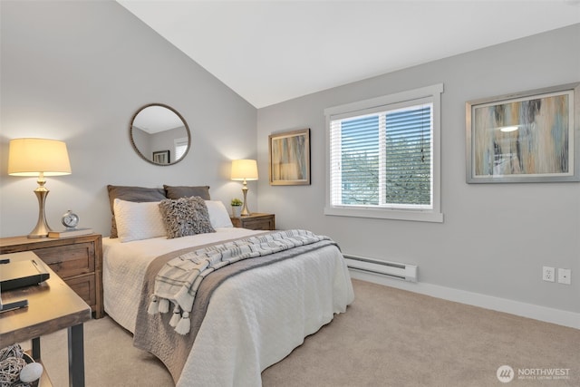 bedroom with vaulted ceiling, a baseboard radiator, carpet flooring, and baseboards