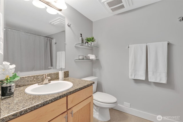 bathroom featuring baseboards, visible vents, toilet, curtained shower, and vanity