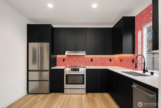 kitchen with a sink, under cabinet range hood, appliances with stainless steel finishes, and dark cabinets