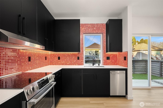 kitchen featuring dark cabinets, light countertops, a healthy amount of sunlight, and stainless steel electric range