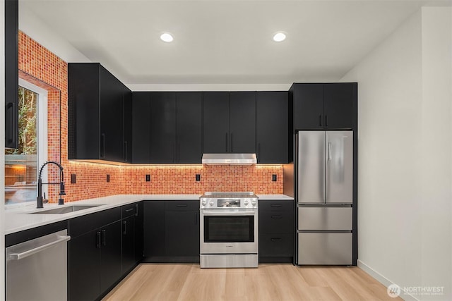 kitchen featuring stainless steel appliances, dark cabinetry, a sink, and under cabinet range hood