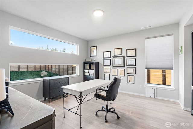 office space featuring light wood-style floors, visible vents, and baseboards