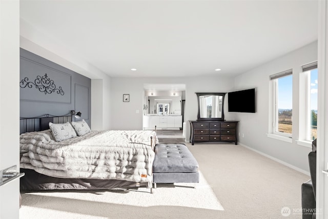 bedroom featuring carpet, connected bathroom, baseboards, and recessed lighting