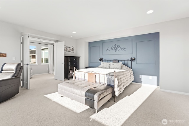 bedroom with baseboards, carpet, and recessed lighting