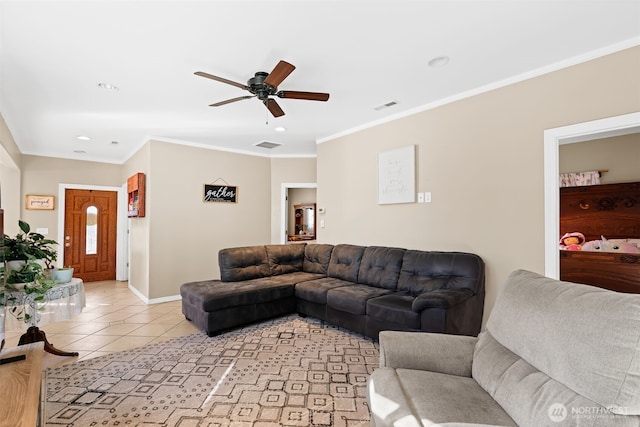 living area with ceiling fan, light tile patterned flooring, recessed lighting, visible vents, and ornamental molding