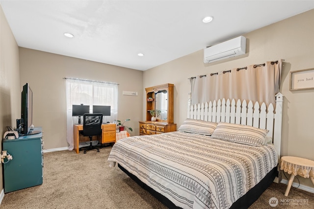 bedroom featuring carpet, baseboards, an AC wall unit, and recessed lighting