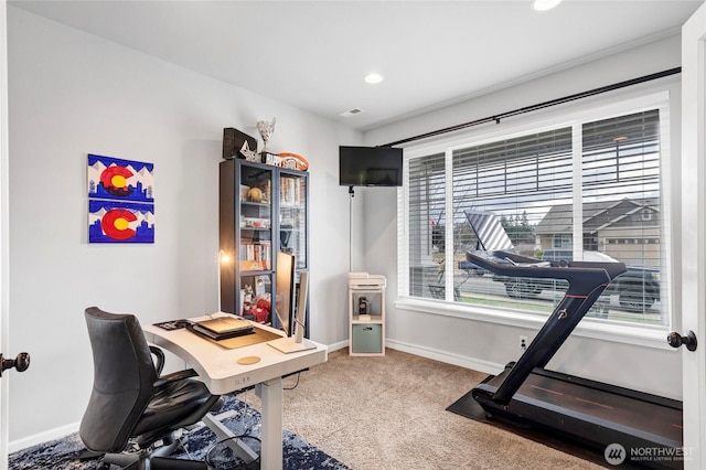 office space with baseboards, carpet flooring, and recessed lighting