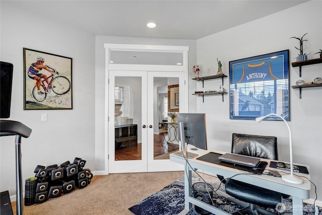 home office featuring carpet floors and french doors