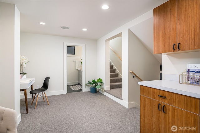 interior space with recessed lighting, baseboards, and carpet