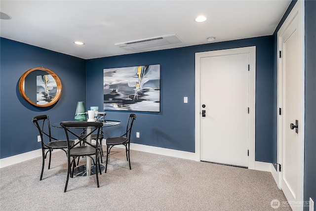 carpeted dining area with recessed lighting, visible vents, and baseboards