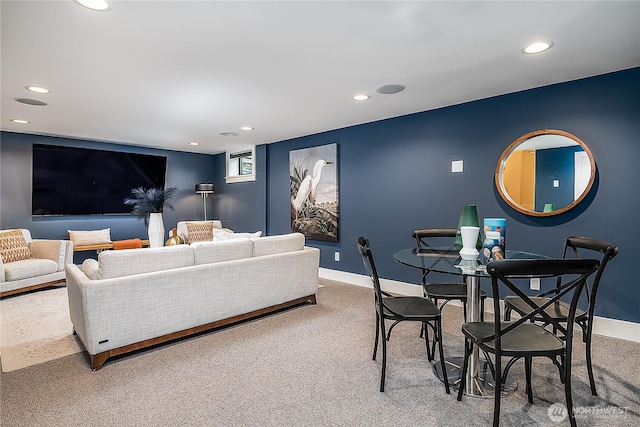 dining space with carpet flooring, recessed lighting, and baseboards