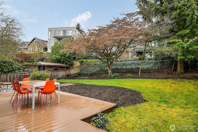 deck with a yard, outdoor dining area, and a fenced backyard