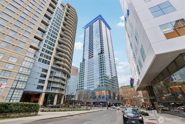 view of building exterior with a city view