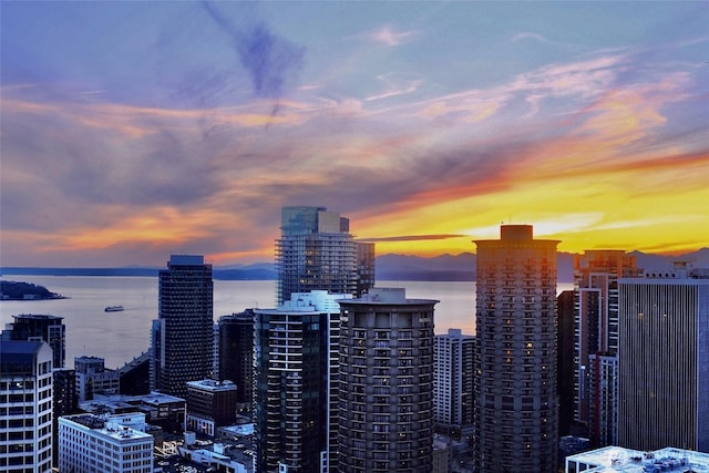 property's view of city featuring a water view