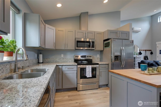 kitchen with a sink, stainless steel appliances, gray cabinets, and a healthy amount of sunlight