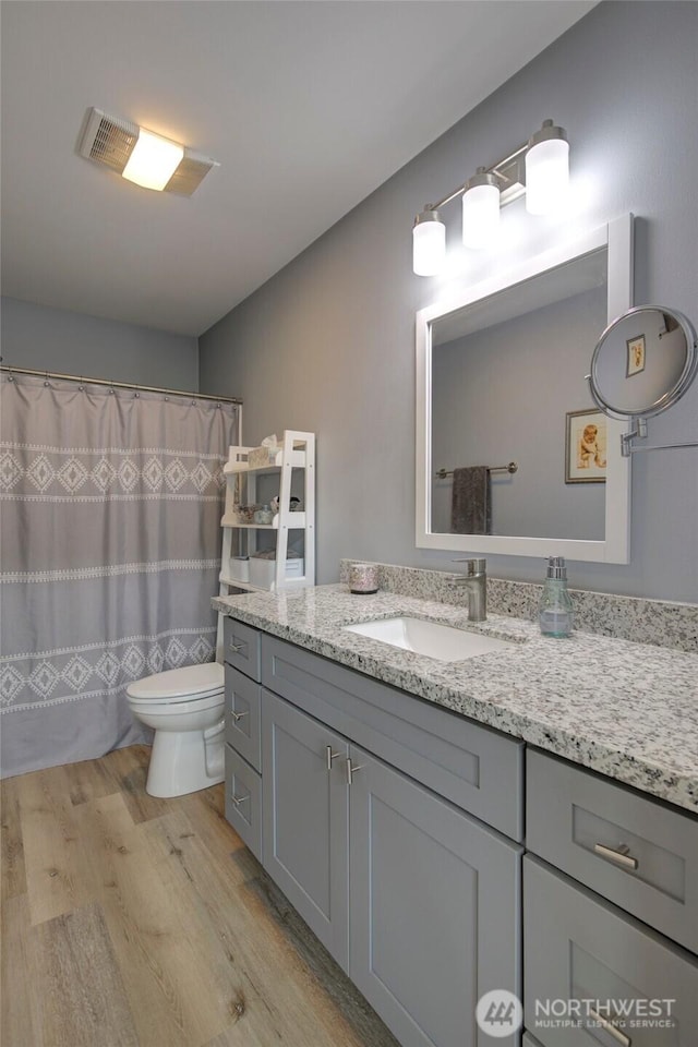 bathroom featuring a shower with curtain, vanity, toilet, and wood finished floors