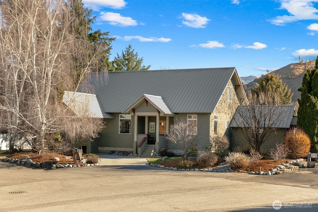 view of front of house featuring a mountain view and metal roof