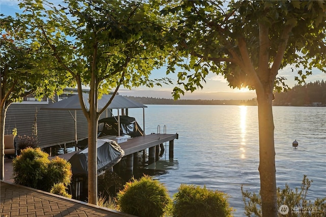 dock area with a water view and boat lift