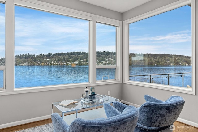 sunroom / solarium with a wealth of natural light and a water view