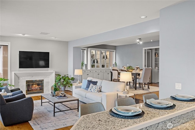 living area with a high end fireplace and wood finished floors