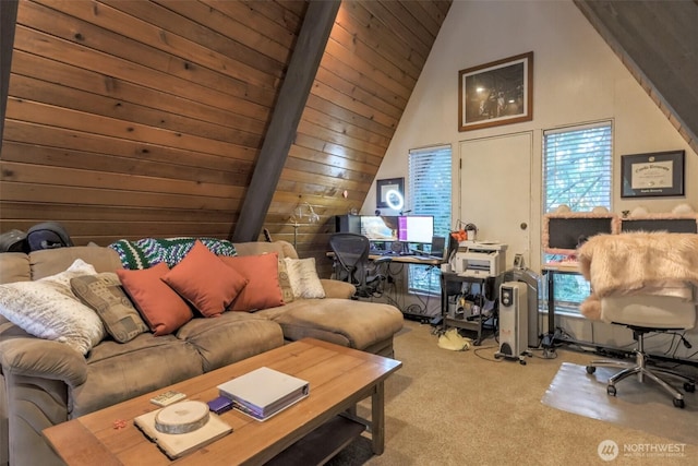 living room with high vaulted ceiling and carpet flooring