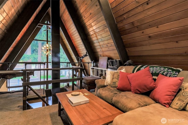 interior space featuring vaulted ceiling with beams, carpet, wood ceiling, and wood walls