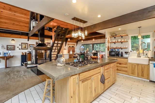 kitchen with light brown cabinets, appliances with stainless steel finishes, a sink, and a wealth of natural light