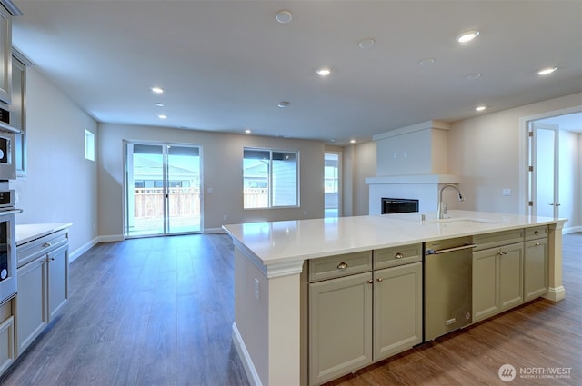 kitchen featuring a glass covered fireplace, open floor plan, a sink, and wood finished floors