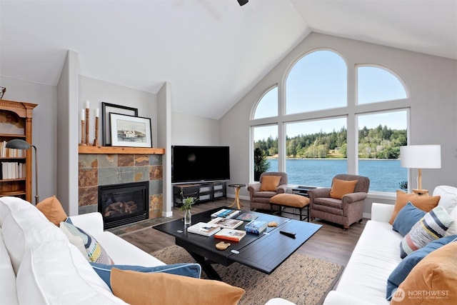 471 SE Old Arcadia Rd, Shelton, WA 98584 - living area featuring a fireplace, wood finished floors, and high vaulted ceiling